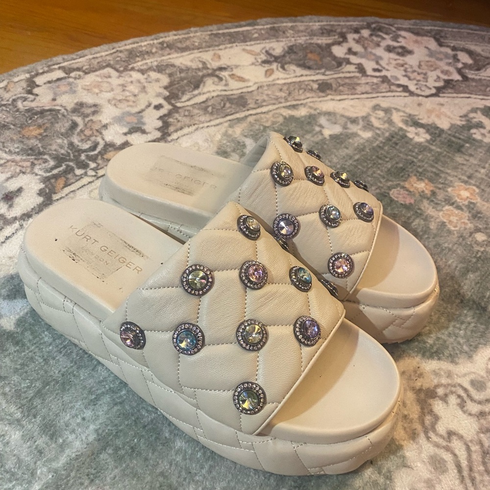 Kurt Geiger Cream Quilted Slide Sandals with Iridescent Crystal Studs
